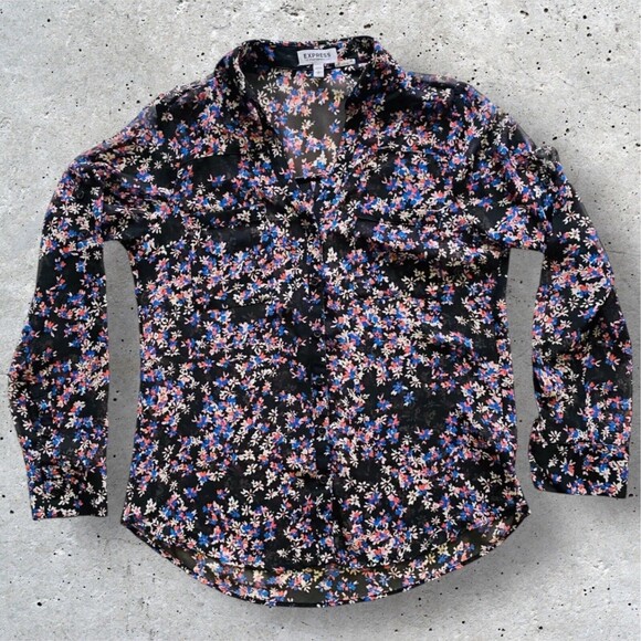 EXPRESS PORTOFINO Button Up Black Sheer Floral Print Top Roll Tab Sleeves Sz S/P - Picture 1 of 10